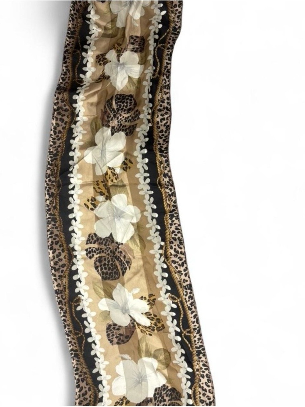 Oscar de la Renta Beige Black Floral Leopard Print Silk Scarf